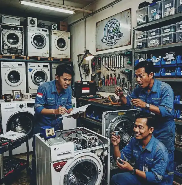 Teknisi service mesin cuci profesional sedang memeriksa mesin cuci modern dengan alat diagnostik